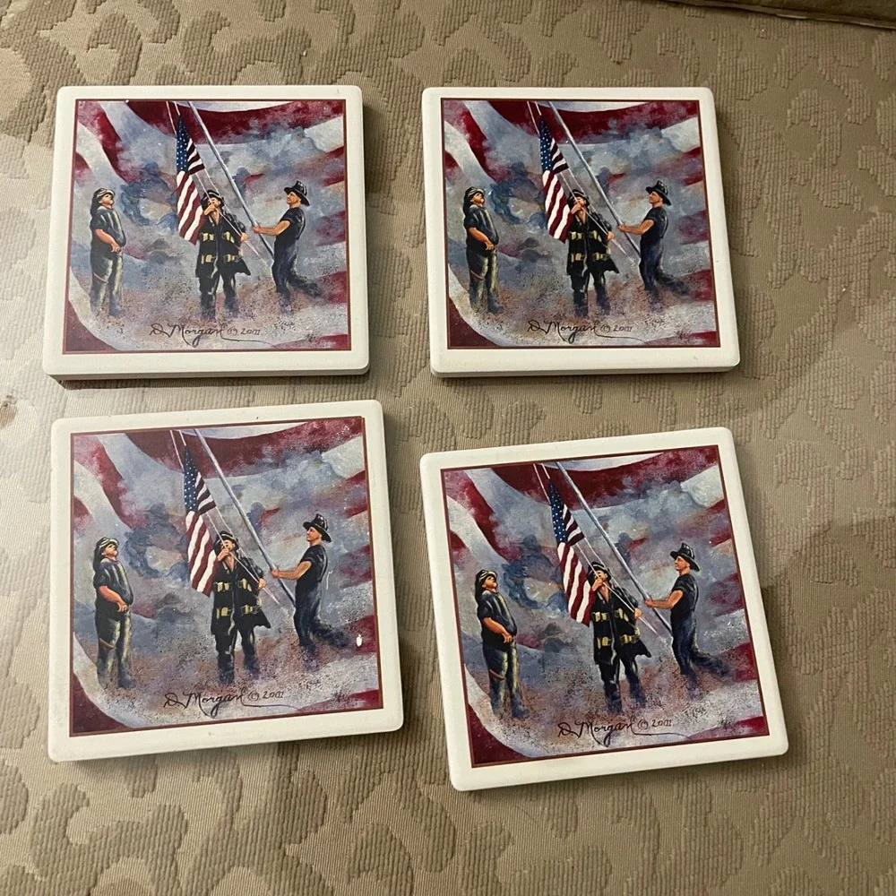 Absorbastone 9/11 Firefighters Flag Raising Coasters Set 4 D Morgan Patriotic